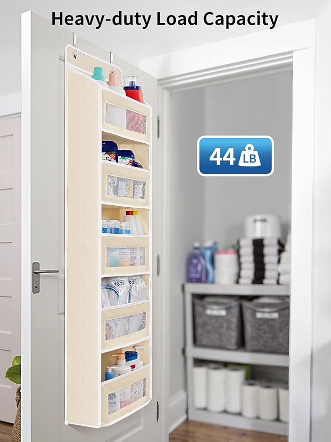 JARLINK Over the Door Organizer for Bedroom, Pantry Bathroom, 5 Shelf Beige | Anti-Tilt Design, 44 lb Load Capacity, Hanging Door Organizer with 5 Large Capacity Pockets, Behind Door Storage for Nursery