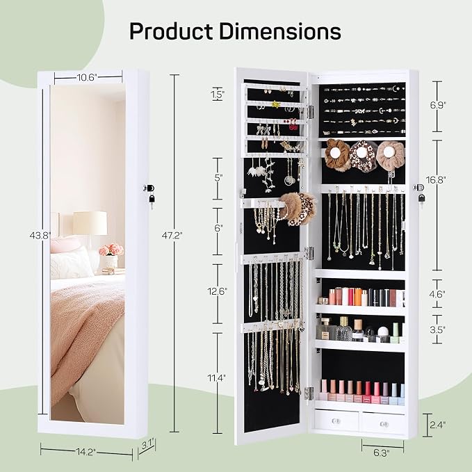 Jewelry Organizer Cabinet, 47.2-Inch Lockable Jewelry Armoire with Full-Length Mirror, Wall or Door-Mounted, Large Storage with 6 LEDs, 3.85" D x 14.25" W x 47.24" H, White