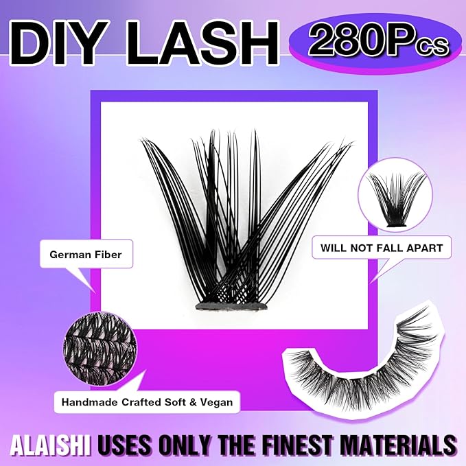 Lash Clusters Kit, DIY Cluster Eyelash Extensions 9‑16mm, 40D+50D, 280pcs, D Curl Natural Volume Lashes with Bond & Seal,Tweezers–Fake Cat Eye Wispy Individual Clusters