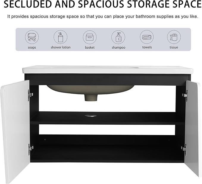 36 Inch Bathroom Vanity with Sink, 36" Floating Bathroom Vanity, Plywood Wooden Cabinet with Soft Close Doors, Modern Wall Mounted Cabinet Set, Ceramic Sink Included