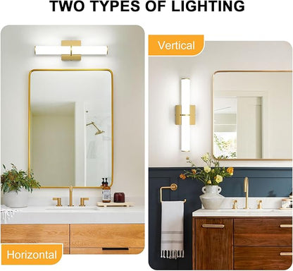 OOWOLF 17.3Inch Modern Vanity Light Fixture with Switch, 12W 5000K Led Bathroom Light Fixture Over Mirror, Hardwired, 1200LM Gold Vanity Light Bar for Mirror Bedroom Hallway Living Room