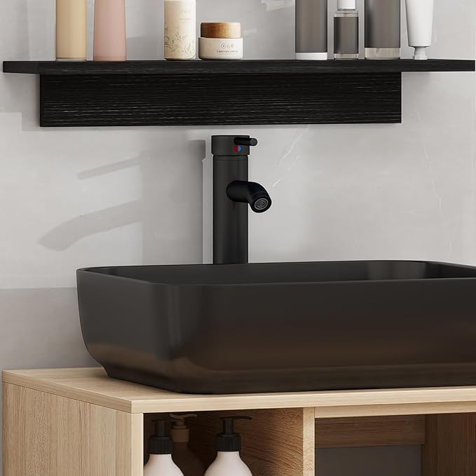 YOURLITE Bathroom Vanity, Wall-Mounted, 24" Floating Bathroom Cabinet with Mirror, Shelves & Faucet, Black Ceramic Vessel Sink