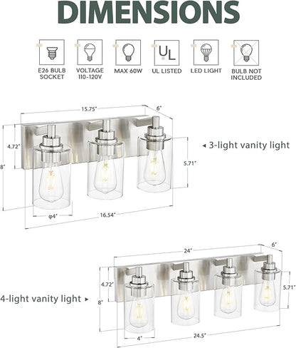 3-Light Bathroom Light Fixtures, Brushed Nickel Vanity Light with Cylinder Clear Glass Shade, Modern Vanity Lighting Fixtures Over Mirror, VL143-BN-3