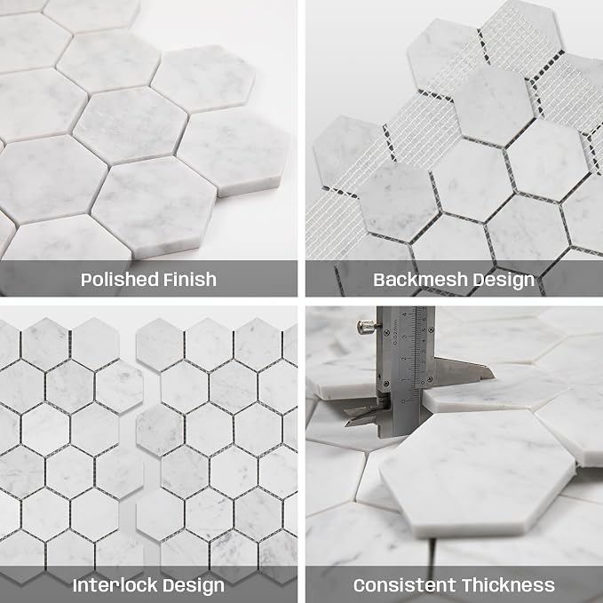Carrara White Marble Mosaic Tile for Kitchen Bathroom Wall 2" Hexagon 5 Pcs | Water & Heat Resistant Polished Marble Backsplash Tiles for Wall Floor Fireplace Surround Durable Unique Veins 4.1SQFT
