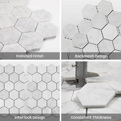 Carrara White Marble Mosaic Tile for Kitchen Bathroom Wall 2" Hexagon 5 Pcs | Water & Heat Resistant Polished Marble Backsplash Tiles for Wall Floor Fireplace Surround Durable Unique Veins 4.1SQFT