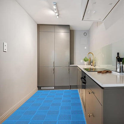 18 Pack Modular Interlocking Tiles Double Non-Slip 12"x12" Blue | 0.4" Thick with Drain Holes for Pool Deck Shower Garage Basement Boat Pet Area Wet Floors Easy Install