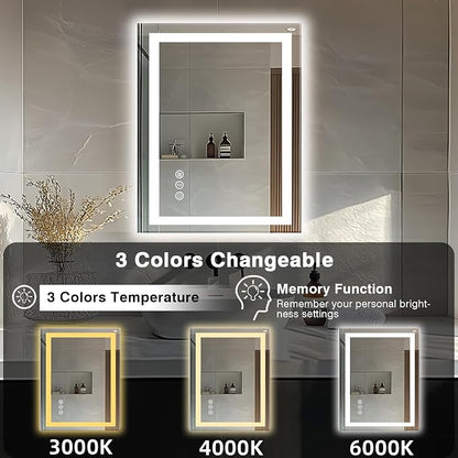 EchosLife 24"x32" LED Bathroom Mirrors for Wall | Backlit + Front Lit, Anti-Fog, Stepless Dimmable, 3 Colors, Memory, Tempered Glass, UL Listed, Horizontal/Vertical