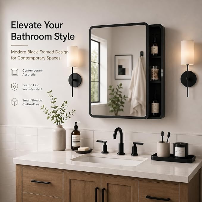 16x22 Medicine Cabinet with Mirror, Black Metal, Recessed or Surface Mount | 2 adjustable metal shelves, soft-close hinge, reversible installation, 95% assembled, cutout 13.82"W x 17.52"H x 3.66"D