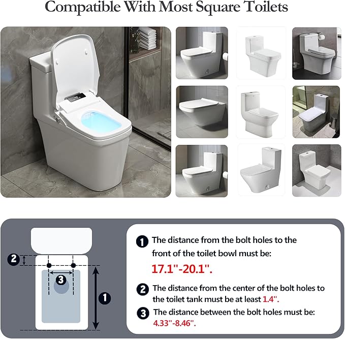 Bidet Square Toilet Seat for Rectangle Toilets, Rectangular Electric Heated Bidet Toilet Seat with Wireless Remote, Adjustable Warm Water and Air Dryer, Oscillating Wash