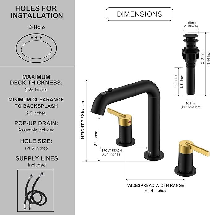 KENES Black and Gold Pull Out Widespread Bathroom Faucet 3 Hole, 8 Inch 2 Handle Bathroom Sink Faucet with Pull Out Sprayer, Vanity Faucet with Pop Up Drain & Supply Lines LJ-9058A-BG