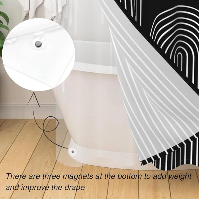 3 in 1 Shower Curtain Set, Boho Mid Century Modern | 72x72 Inches Polyester Bath Curtain with Magnetic PEVA Liner and 12 Double Sided Stainless Steel Hooks, Black and White