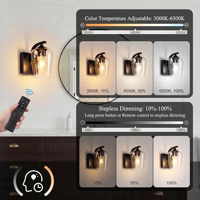 Battery Operated Wall Sconce, Rechargeable Magnetic Wall Lamp with Remote Control, Dimmable LED Bulb & Clear Glass Shade, Wireless Light for Bedroom Bathroom Hallway Farmhouse Decor