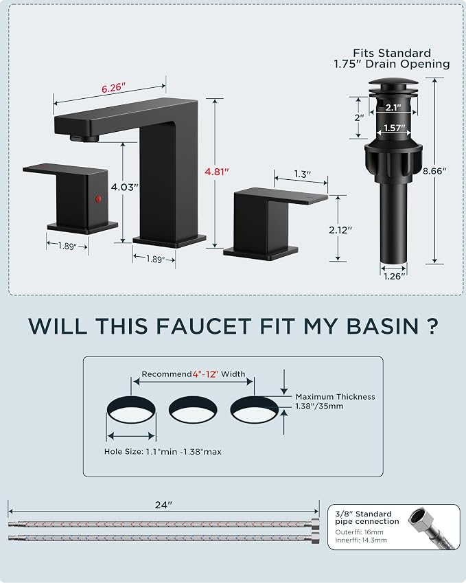 FORIOUS Black Bathroom Faucet 3 Hole, Matte Black Bathroom Sink Faucet Wide | 8 Inch Widespread Faucet for Bathroom Sink, 2 Handle Commercial Restroom Sink Faucet Vanity 3 Holes with Water Saving Aerator