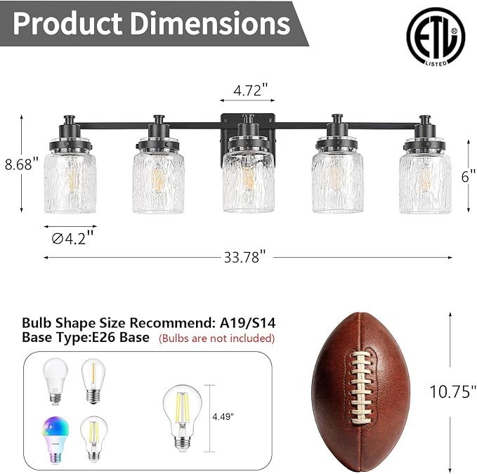 5 Light Bathroom Light Fixtures Farmhouse Black Vanity Lights | ETL Certificate, Easy to Install,Wall Mount Up or Down,Hammered Glass Lampshade,E26 Socket,Hardwired,120V