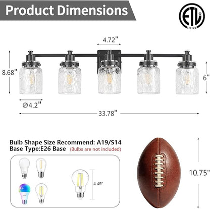 5 Light Bathroom Light Fixtures Farmhouse Black Vanity Lights | ETL Certificate, Easy to Install,Wall Mount Up or Down,Hammered Glass Lampshade,E26 Socket,Hardwired,120V