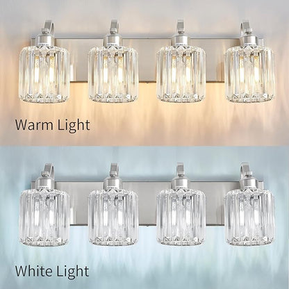 4 Lights Brushed Nickel Vanity Light Crystal Wall Light Bathroom Light Fixtures with Round Shade (Exclude Bulb)