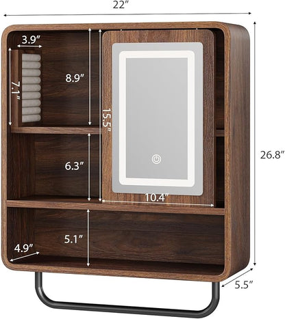 Modern Bathroom Wall Cabinet, Medicine Cabinets with Mirror, Over The Toilet Storage Cabinet for Bathroom, Towel Bar, Sliding Door, 3 Lighting Modes, Adjustable Brightness, Dark Walnut