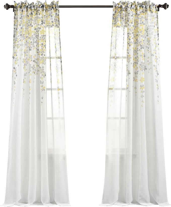 Lush Decor Weeping Flower Sheer Window Curtain Panels, Pair, 38" W x 84" L + 2" Header, Yellow & Gray - Sheer Curtains - Farmhouse Decor - Floral Curtains for Living Room, Bedroom & Dining Room