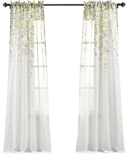 Lush Decor Weeping Flower Sheer Window Curtain Panels, Pair, 38" W x 84" L + 2" Header, Yellow & Gray - Sheer Curtains - Farmhouse Decor - Floral Curtains for Living Room, Bedroom & Dining Room