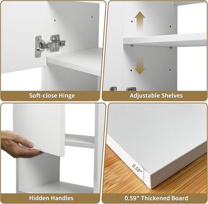Wall Mounted Storage Cabinets with Lights, Over-The-Toilet Storage Vanity, Bathroom Medicine Organizer Adjustable Shelves Cabinet for Small Spaces (White)