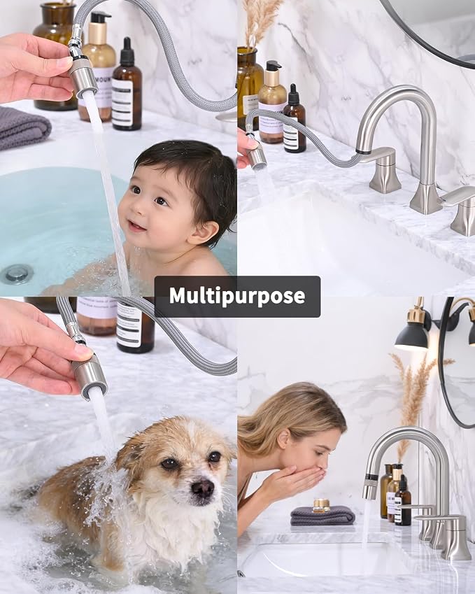 Bathroom Faucet 3 Hole with Pull Out Sprayer, 8 Inch Widespread Bathroom Faucet, Magnetic Pull Out Faucet for Easy to Use, Brushed Nickel (with Pop-up Drain)