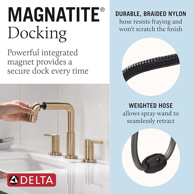 Delta Nicoli Brushed Gold Bathroom Faucet with Sprayer, 8 Inch 3 Hole Widespread Bathroom Sink Faucet with Pull Out Sprayer, Push-Pop Drain, Champagne Bronze 35849LF-CZPD