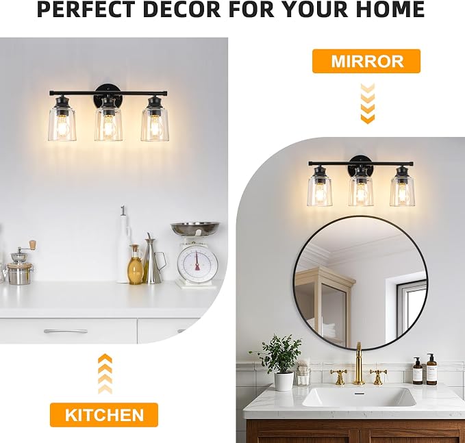 Bathroom Light Fixtures Over Mirror, 3 Lights Vanity Lights with Clear Glass Shade, 18.1" Matte Black Farmhouse Bathroom Wall Light Fixtures for Bedroom, Porch, Hotel, Mirror Cabinet