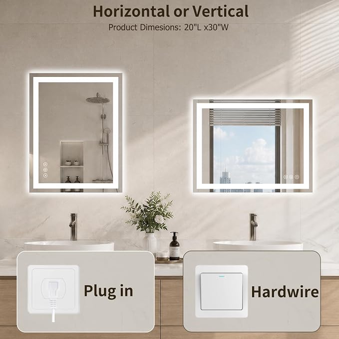 20"x30" LED Bathroom Mirror with Lights, Anti-Fog, Backlit+Frontlit | CRI 95, Stepless Dimmable, 3 Colors Lighting, Shatterproof Tempered Glass, HD Reflection, Memory, (Horizontal/Vertical)