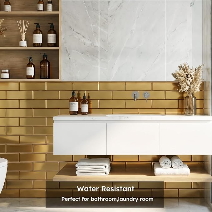Peel and Stick Mirror Backsplash, Gold, 4x12 Inch, Beveled Mirror Subway Kitchen Bar Wall Tile (5 Sq.ft, 15 Pcs)