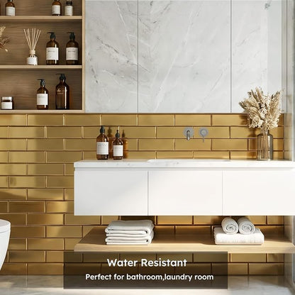 Peel and Stick Mirror Backsplash, Gold, 4x12 Inch, Beveled Mirror Subway Kitchen Bar Wall Tile (5 Sq.ft, 15 Pcs)