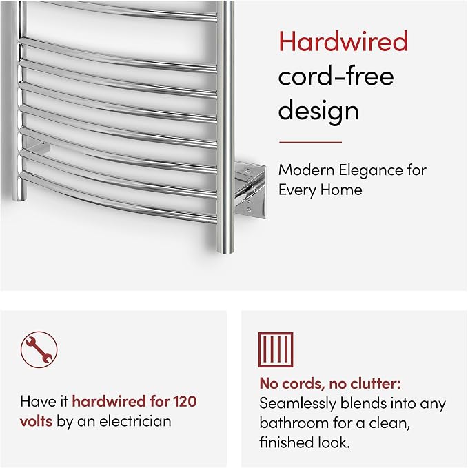 WarmlyYours Bellagio Heated Towel Rack, 20 Bars, Polished Steel | Wall-mounted hardwired 255W towel warmer, 870 BTU/hr, warm dry towels in 15-20 minutes, 304 stainless steel
