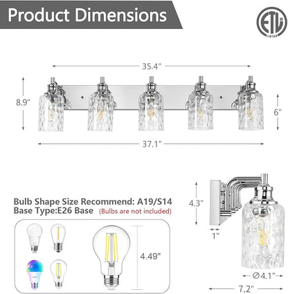 Bathroom Light Fixtures Over Mirror, 2 Lights Vanity Lights with Hammered Glass Shade, 37" Chrome Farmhouse Bathroom Light Fixtures for Bedroom, Porch, Hotel, Mirror Cabinet