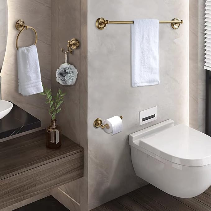 4 Piece Antique Brass Gold Bathroom Accessories Set - 24” Towel Holder, Antique Bar Brass Bath Accessories - Wall Mounted Bathroom Hardware Accessory Set