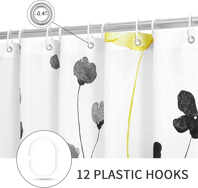 Yellow Beige Watercolor Floral Fabric Shower Curtain, 72x72 | Waterproof Fabric, Modern Minimalist Floral Print, Machine Washable, Rustproof Grommets, for Bathroom Home