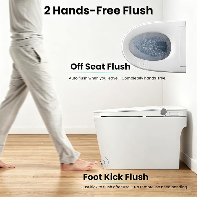 R&T W5203-2 Tankless Smart Toilet Touchless Auto Flush 1.1/1.6 GPF Dual Flush, Battery-Operated One-Piece Intelligent Toilet for Bathroom, Foot Kick & Manual, Non-Electric Bidet