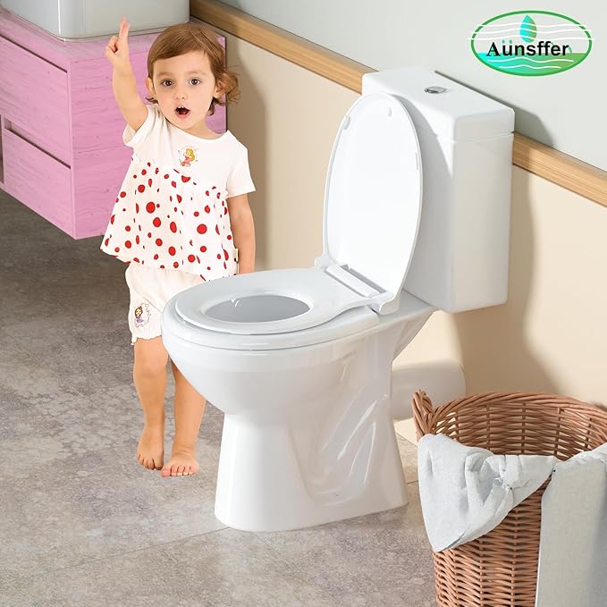Toddler Toilet Seat with Potty Training Seat Round 16.5inch, 2 in 1 Toilet Seat for Family Built-in Baby Seat Removable, Soft Close + Easy Clean, PP Safe Material, White