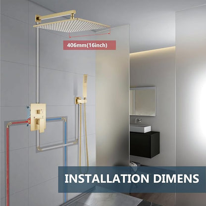 Aolemi Shower Faucet Set with Valve Handheld 16" LED Head Brushed Gold | Handheld Spray,16 Inch Rain LED Head,Valve and Trim Kit,All Metal,Wall Mount Shower System,Bathroom Mixer