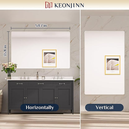 Keonjinn 55 x 36 Inch Brushed Nickel Bathroom Mirror, Tempered Glass | Silver Bathroom Mirrors for Over Sink, Rounded Rectangle Vanity Mirror, Rust-Resistant Aluminum Frame, French Cleat Mount