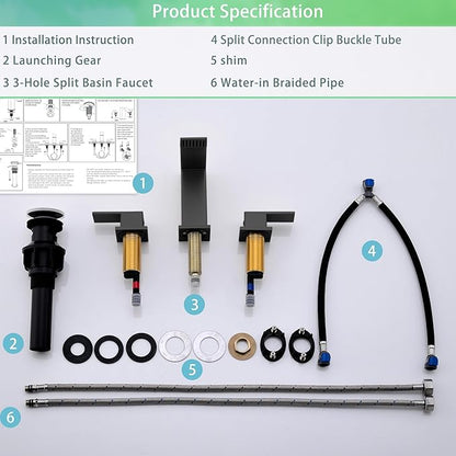 Waterfall Bathroom Sink Faucet, 3 Holes Two Handles Bathroom Faucet with Pop Up Drain and 2 Water Supply Lines, 8 inch Widespread Bathroom Sink Faucet Matte Black