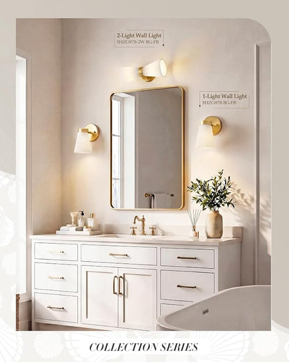 Fabric Bathroom Light Fixture, HWH 1-Light Sconce Wall Lighting with Milk White Striped Fabric Shade, Brushed Gold Finish, Modern Vanity Lights for Bathroom Bedroom, 5HZG97B BG-FB