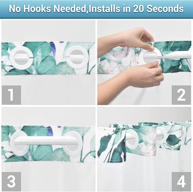 No Hook Shower Curtain with Liner, Eucalyptus Seaweed Green, 71x74 | Snap in Liner, 3 in 1, Water Repellent, Easy Install, Machine Washable, Hotel Style for Bathroom, Watercolor Pattern