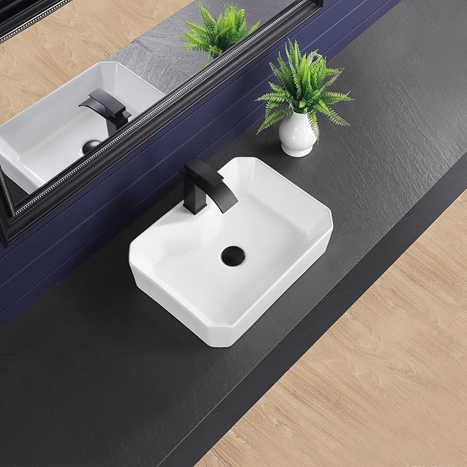 Vessel Sink 20"x15" Rectangular Bathroom Sink Modern White Porcelain Ceramic Above Counter Drop-in Vanity Sink for Bathrooms Art Basin with Faucet Hole
