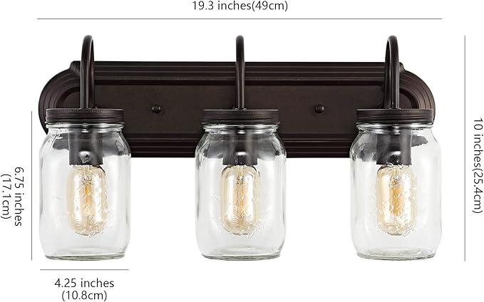 JONATHAN Y 19.3" Oil Rubbed Bronze 3-Light Iron and Glass Mason Jar Vanity Light, Farmhouse Industrial Rustic Wall Sconce for Bathroom, UL Listed, LED Bulbs Included JYL7801A