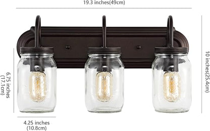 JONATHAN Y 19.3" Oil Rubbed Bronze 3-Light Iron and Glass Mason Jar Vanity Light, Farmhouse Industrial Rustic Wall Sconce for Bathroom, UL Listed, LED Bulbs Included JYL7801A
