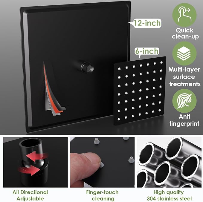 Enga Dual Shower Head System with Body Jets, 12"+ 6" Wall Mounted Dual Rain Shower Faucet with Valve Kit, Matte Black