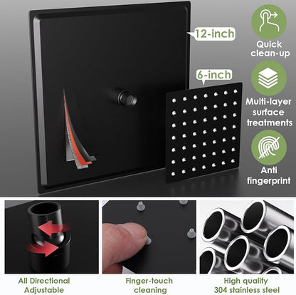Enga Dual Shower Head System with Body Jets, 12"+ 6" Wall Mounted Dual Rain Shower Faucet with Valve Kit, Matte Black