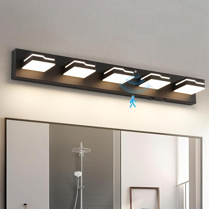 LED Modern Bathroom Vanity Light 5-Light, 32 inch 3CCT Dimmable Black Motion Sensor Vanity Lights for Bathroom Lighting, with 350° Rotatable Acrylic Heads and Auto-Off Bathroom Light