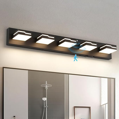 LED Modern Bathroom Vanity Light 5-Light, 32 inch 3CCT Dimmable Black Motion Sensor Vanity Lights for Bathroom Lighting, with 350° Rotatable Acrylic Heads and Auto-Off Bathroom Light