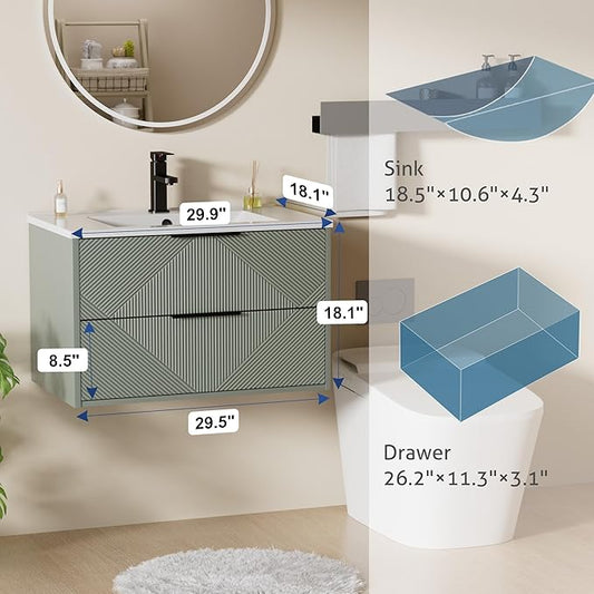 LUCKWIND 30" Floating Bathroom Vanity with Sink Combo, Wall Mounted Floating Cabinet with 2 Large Soft-Close Drawers & Water Saving Faucet, Geometric Textured Design in Green