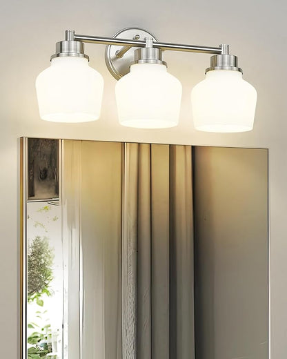 Emak Brushed Nickel Vanity Lights, Modern Milk Glass Bathroom Light Fixtures, 3-Light Bathroom Vanity Light Over Mirror, VL122-BN-ML-3